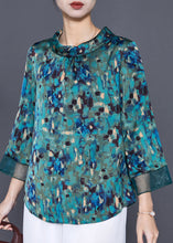 Load image into Gallery viewer, Green Print Silk Blouse Tops Peter Pan Collar Bracelet Sleeve