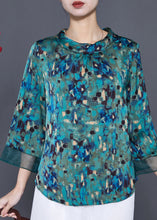 Load image into Gallery viewer, Green Print Silk Blouse Tops Peter Pan Collar Bracelet Sleeve