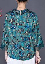 Load image into Gallery viewer, Green Print Silk Blouse Tops Peter Pan Collar Bracelet Sleeve