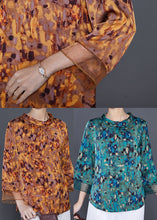 Load image into Gallery viewer, Green Print Silk Blouse Tops Peter Pan Collar Bracelet Sleeve