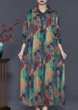 Load image into Gallery viewer, Green Print Silk Shirt Dresses Oversized Button Down Summer