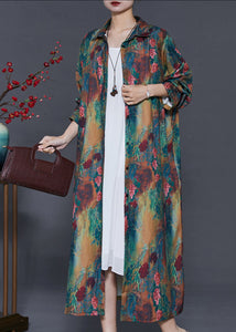 Green Print Silk Shirt Dresses Oversized Button Down Summer