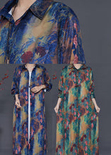 Load image into Gallery viewer, Green Print Silk Shirt Dresses Oversized Button Down Summer