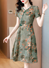 Load image into Gallery viewer, Green Print Slim Fit Chiffon Mid Dresses V Neck Summer