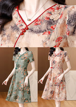 Load image into Gallery viewer, Green Print Slim Fit Chiffon Mid Dresses V Neck Summer