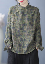 Load image into Gallery viewer, Green Print Stand Collar Shirt Long Sleeve