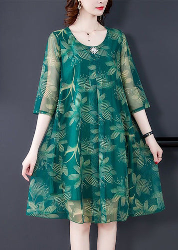 Green Print Tulle Dresses O Neck Half Sleeve