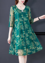 Load image into Gallery viewer, Green Print Tulle Dresses O Neck Half Sleeve