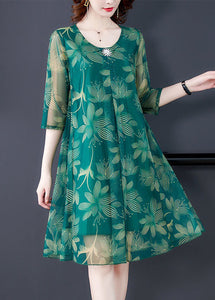 Green Print Tulle Dresses O Neck Half Sleeve