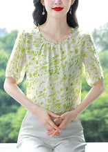 Load image into Gallery viewer, Green Print Wrinkled Chiffon Shirt Top O Neck Summer