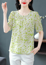 Load image into Gallery viewer, Green Print Wrinkled Chiffon Shirt Top O Neck Summer