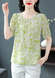 Green Print Wrinkled Chiffon Shirt Top O Neck Summer