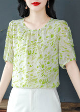 Load image into Gallery viewer, Green Print Wrinkled Chiffon Shirt Top O Neck Summer