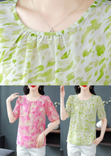 Load image into Gallery viewer, Green Print Wrinkled Chiffon Shirt Top O Neck Summer