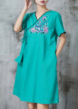 Load image into Gallery viewer, Green Retro Cotton Holiday Dress Embroidered Summer