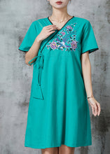 Load image into Gallery viewer, Green Retro Cotton Holiday Dress Embroidered Summer