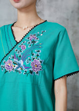 Load image into Gallery viewer, Green Retro Cotton Holiday Dress Embroidered Summer