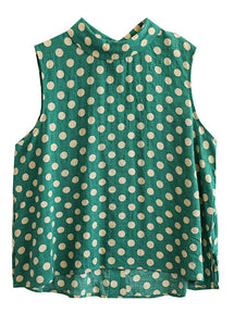 Green Stand Collar Dot Cotton Top Sleeveless