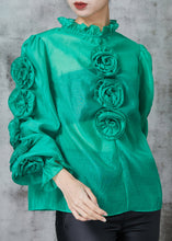 Load image into Gallery viewer, Green Stereoscopic Floral Chiffon Shirt Top Ruffled Spring