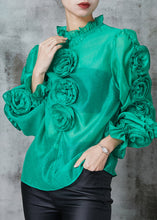 Load image into Gallery viewer, Green Stereoscopic Floral Chiffon Shirt Top Ruffled Spring