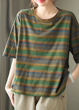 Load image into Gallery viewer, Green Striped Loose Cozy Cotton T Shirts O Neck Half Sleeve