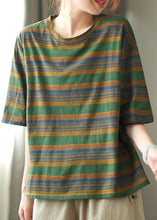 Load image into Gallery viewer, Green Striped Loose Cozy Cotton T Shirts O Neck Half Sleeve