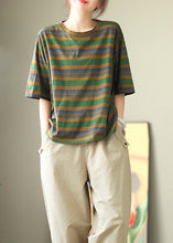 Load image into Gallery viewer, Green Striped Loose Cozy Cotton T Shirts O Neck Half Sleeve