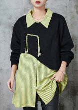 Load image into Gallery viewer, Green Striped Patchwork Cotton Fake Two Piece Tops Tasseled Spring