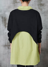 Load image into Gallery viewer, Green Striped Patchwork Cotton Fake Two Piece Tops Tasseled Spring