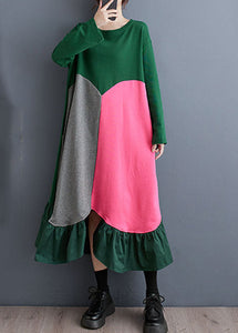 Green Wrinkled Asymmetrical Design Long Dress Fall