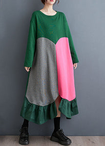 Green Wrinkled Asymmetrical Design Long Dress Fall