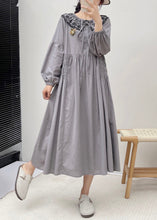 Load image into Gallery viewer, Grey Button Wrinkled Cotton Dresses Embroidered Long Sleeve