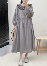 Load image into Gallery viewer, Grey Button Wrinkled Cotton Dresses Embroidered Long Sleeve