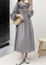 Load image into Gallery viewer, Grey Button Wrinkled Cotton Dresses Embroidered Long Sleeve