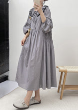 Load image into Gallery viewer, Grey Button Wrinkled Cotton Dresses Embroidered Long Sleeve