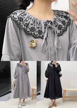 Load image into Gallery viewer, Grey Button Wrinkled Cotton Dresses Embroidered Long Sleeve