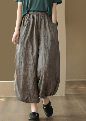 Grey Elastic Waist Solid Ramie Lantern Pants