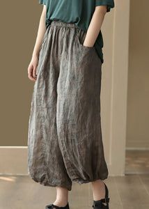 Grey Elastic Waist Solid Ramie Lantern Pants