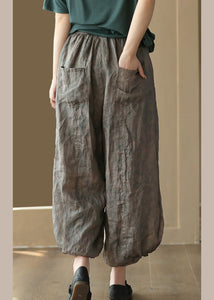 Grey Elastic Waist Solid Ramie Lantern Pants