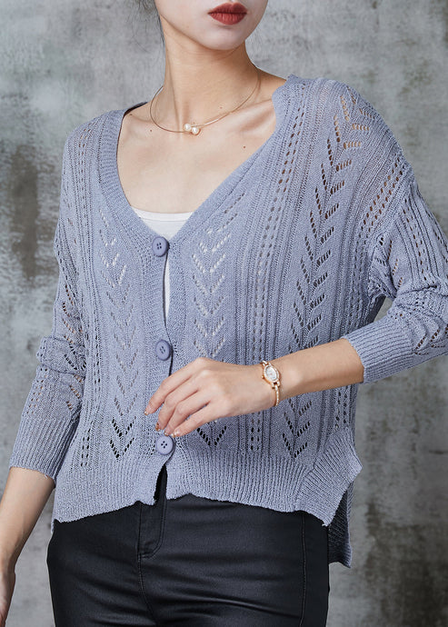 Grey Hollow Out Knit Cardigans V Neck Spring