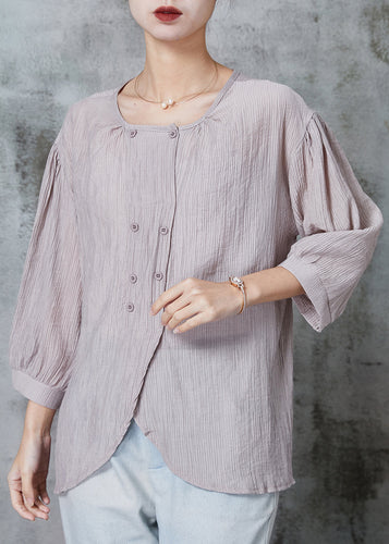 Grey Loose Cotton Shirt Tops Double Breast Bracelet Sleeve