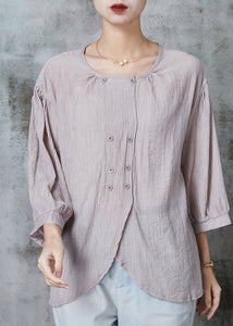 Grey Loose Cotton Shirt Tops Double Breast Bracelet Sleeve