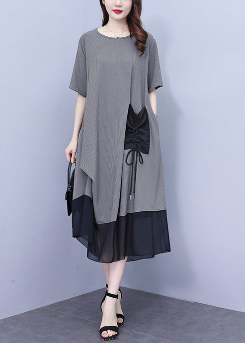 Grey O-Neck Wrinkled Chiffon Maxi Dresses Summer