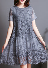 Load image into Gallery viewer, Grey Patchwork Lace Holiday Dress Embroidered Summer