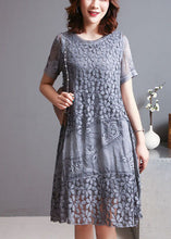 Load image into Gallery viewer, Grey Patchwork Lace Holiday Dress Embroidered Summer