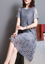 Load image into Gallery viewer, Grey Patchwork Lace Holiday Dress Embroidered Summer