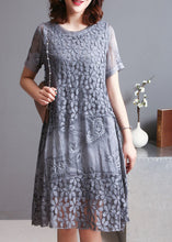 Load image into Gallery viewer, Grey Patchwork Lace Holiday Dress Embroidered Summer