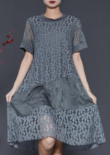 Load image into Gallery viewer, Grey Patchwork Lace Maxi Dress Embroidered Summer