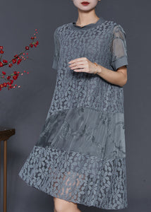 Grey Patchwork Lace Maxi Dress Embroidered Summer