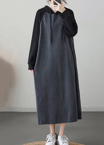 Grey Patchwork Loose Long Hooded Sweatshirt Dresses Winter